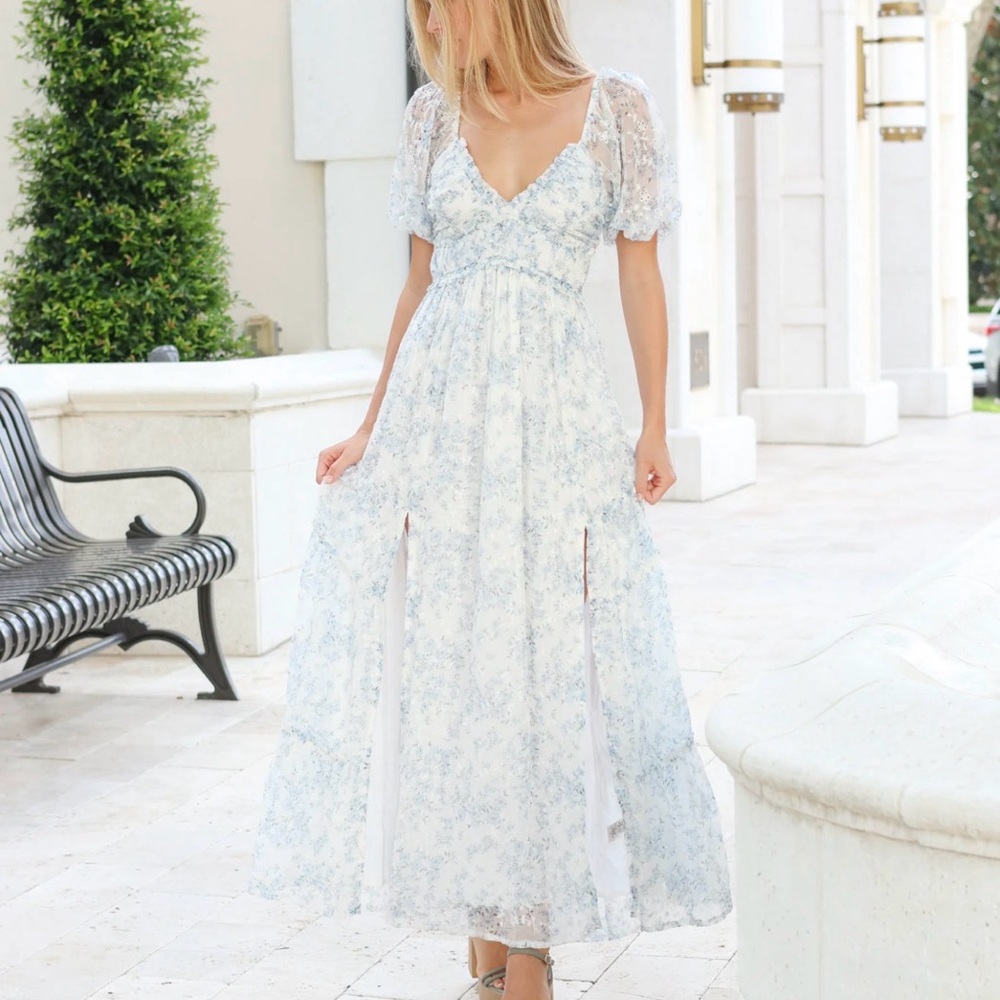 Savannah Taylor Floral Eyelet Maxi Dress NWOT Size L Romantic Puff Sleeve